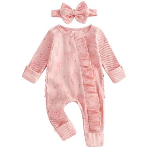 Socutebabe Newborn Baby Girl Clothes Preemie Coming Home Outfit Ruffle Romper Cute Ribbed Jumpsuit Headband