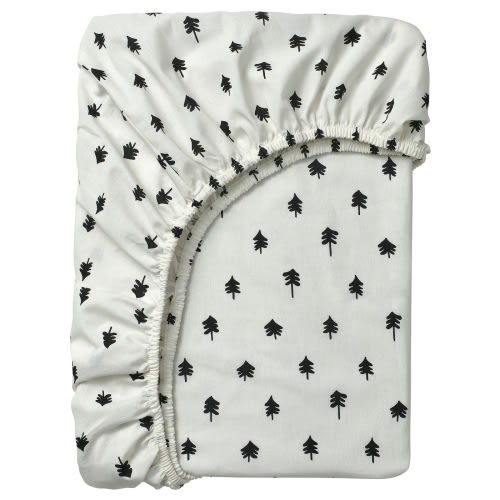 GRÖNFINK Fitted sheet for cot - white/tree pattern 70x132 cm