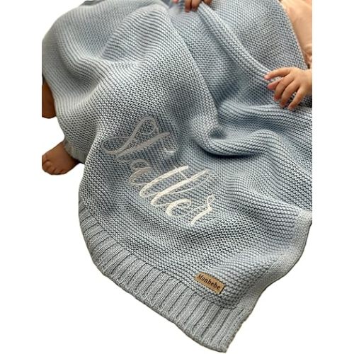 Monbebe Personalized Baby Blanket with Name | Custom Newborn Gift | Embroidered Infant Blanket | Soft Cotton Knit Swaddle | Monogrammed Baby Bedding | Boys and Girls Crib Throw (Light Blue)