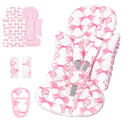 Infant Car Seat Insert, Soft Baby Car Seat Head & Body Support for Girl Boy, Reversible Newborn Preemie Carseat Insert Cushion with 3 Straps Pads, Fits Car Seat, Stroller, Swing, Bouncer, Pink Bow