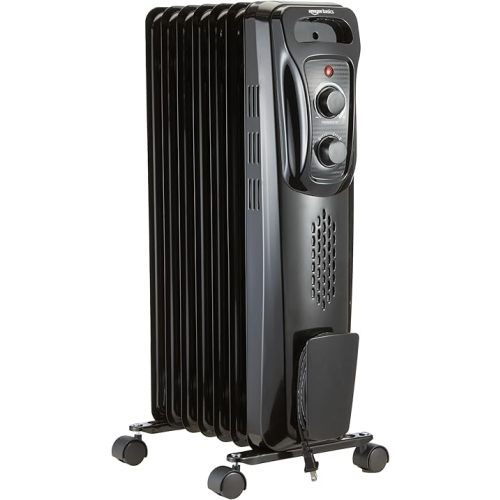 Amazon Basics Portable Oil Radiator Heater for Indoor Use, 3 Heat Settings, Over-Heat Protection, ETL-certified Safety, 7 Oil-Filled Steel Fins, 1500W, 11"D x 14.8"W x 25.2"H, Black