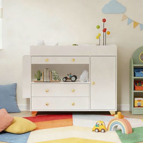 LOVSON Changing Table Modern Dresser with Wide Table Top, 3Drawers, White Drawer Dresser