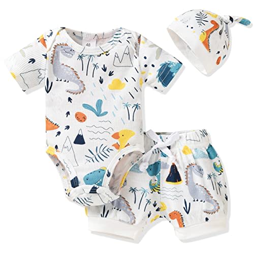 HINTINA Preemie Newborn Infant Baby Boys Outfits Dinosaur Bodysuit Romper Short Pants Hats 3Pcs Summer Clothes Set