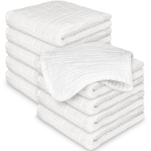 10-Pack Muslin Baby Washcloths for Newborn – 12x12" Soft Absorbent Organic Cotton Muslin Wash Cloths for Babies Girl, Boy, Infant, Toddlers, Kids Face Towel,Bath Essentials,Baby Burp Rags (Soft White)