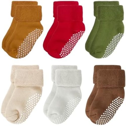 VWU Baby Toddler Kids Ankle Crew Socks with Grips Unisex Warm Thick Cotton Winter Socks 0-10 Years 6/8 Pack