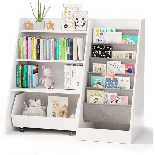 COZPAW Kids Bookshelf and Toy Storage, 4 Tier Toddler Bookshelf with Movable Drawer 5 Sling Pockets, Montessori Book Shelf for Kids Room, Playroom, Nursery (White)