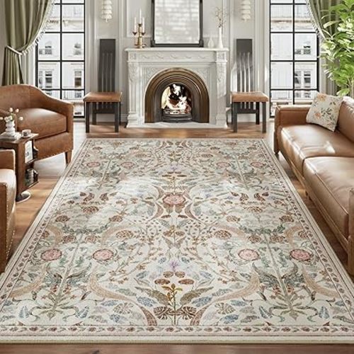 AMTOVO 8x10 Washable Area Rugs for Living Room, Non-Slip&Non-Shedding Large Soft Boho Floral Vintage Accent Print Carpet for Bedroom Dorm Dining Room Farmhouse Nursery Playroom Home Office, Beige