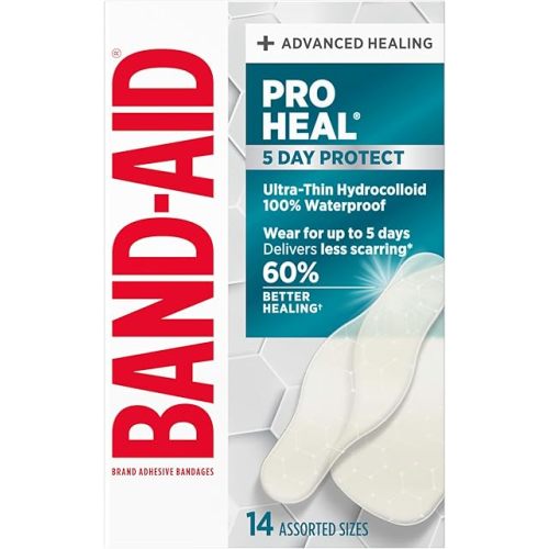 BAND-AID Brand Pro Heal Ultra-Thin Hydrocolloid for Advanced Healing, 100% Waterproof Adhesive Bandages for Less Scarring Versus Uncovered Wound, Assorted Sizes, 14 ct