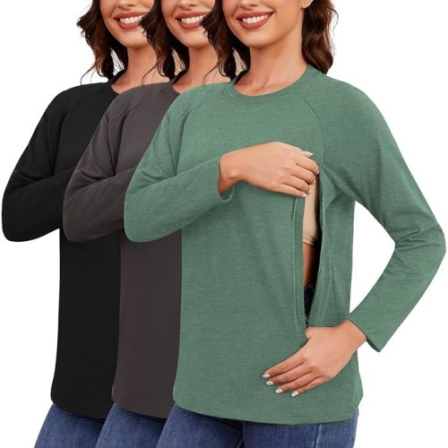 Ecavus 3-Pack Long Sleeve Breastfeeding Shirts with Hidden Zippers Comfort and Soft Nursing Shirts for Women