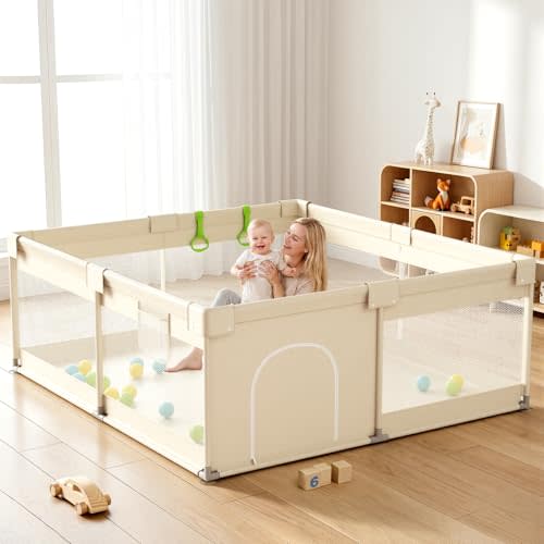Uanlauo Beige Small Baby Playpen - 47x47in Playpen for Babies and Toddlers, Safe Indoor Play Pen, Baby Pen with Storage Bag and Breathable Mesh