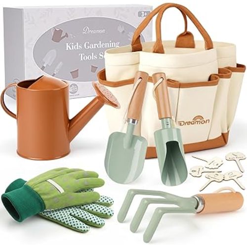 Dreamon Gardening Set Toys for Kids, Quality Garden Tool Kit Includes Tote Bag, Gloves, Shovel, Rake, Cultivator, Watering Can, STEM Learning Outdoor Gifts for Kids Toddlers