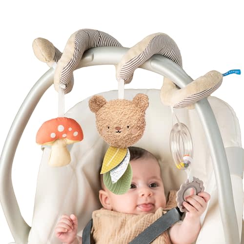 Spiral Car Seat Sensory Hanging Toy - Plush Bear & Mushroom, Colorful Teethers, 0-6 Months