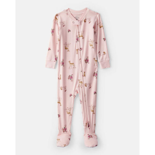 Baby Girl Deer & Floral Print PurelySoft Long-Sleeve 2-Way Zip 1-Piece Pajamas - Pink - Carter's | Carter's