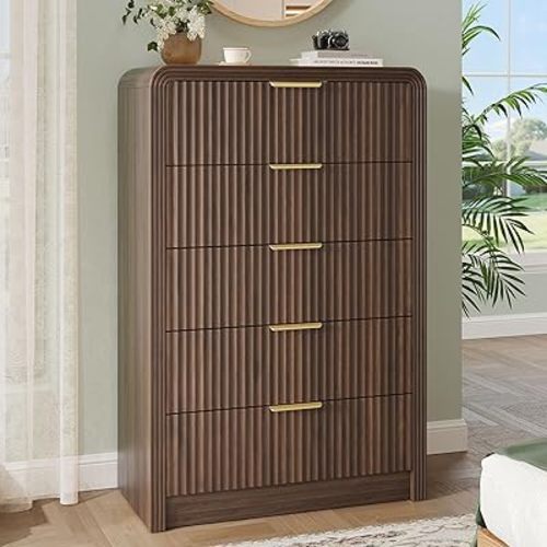 Decofy Fluted 5 Drawers Dresser, 48" Tall Modern Chest of Drawers with Round Edge & Metal Handle, Wood Drawer Organizer for Living Room, Bedroom, Entryway, Hallway (Walnut)