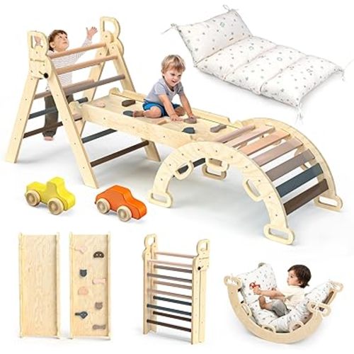 BlueWood Pikler Triangle Set with Cushion - Climbing Toys for Toddlers 9-in-1, Montessori Philosophy Play Jungle Gym with Arch, Ramp, Ladder (Pink)