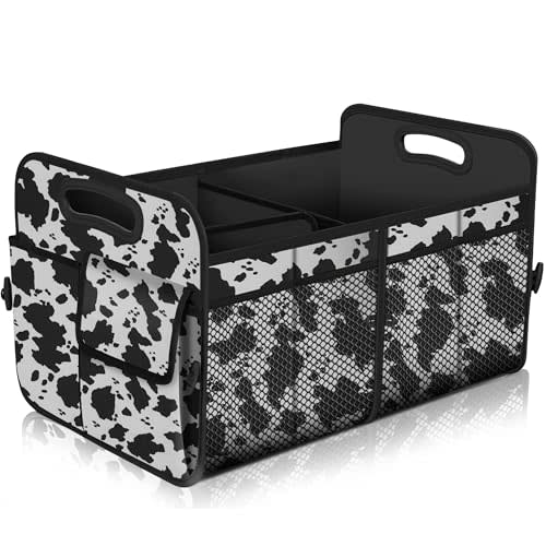 Femuar Car Trunk Organizer,Car Storage Organizer with 72L Large Capacity Waterproof Collapsible and 11 Pockets,Trunk Organizer for Car Suv/Jeep/Sedan, Large Size, Cow print