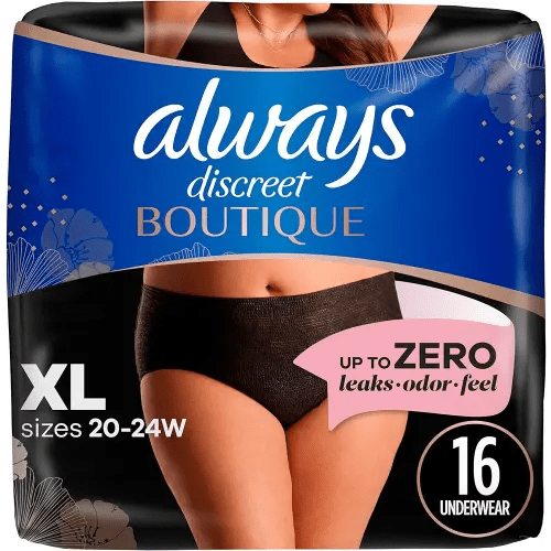 Always Discreet Boutique Incontinence and Postpartum Underwear for Women, Maximum Protection, Extra Large, Black, 16 Count