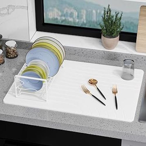 Large Stone Drying Mat for Kitchen Counter, 24" × 16" Diatomite Dish Drying Mat, Quick Dry Stone Mats, Ultra Absorbent Natural Diatomaceous Earth Mats for Dished, Bottles, White