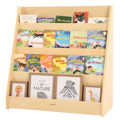 Bateso Kids Bookshelf for Toddlers and Babies, Wooden Montessori Bookshelf for Kids Room, Baby Book Shelf with Storage for Nursery, Classroom, Playroom