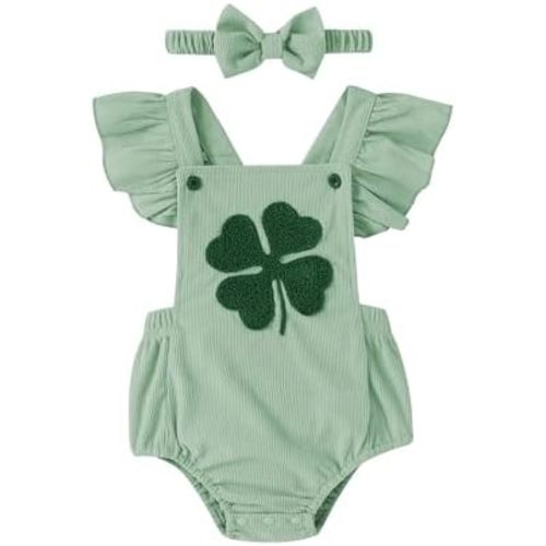 GEMLON Baby Girl St Patricks Day Clothes Irish Embroidery Overalls Romper Corduroy Sleeveless Bodysuit Infant Summer Outfit