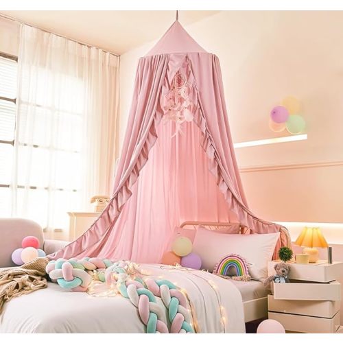 Mengersi Bed Canopy for Girls,Ruffled Canopy Bed Curtains Canopy for Girls Room,Hanging Canopy Princess Play Tent for Reading Nook Play Room Decor (Beige Pink)