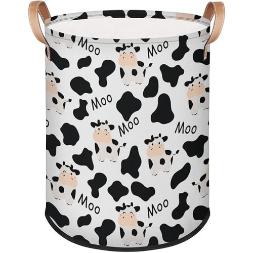 Large Laundry Basket With Handles - Foldable Laundry Hamper Clothes Basket Home Decor Collapsible Round Storage Bin Toy Organizer Bins for Nursery Dorms Bedroom Bathroom(Cute Cow Print)