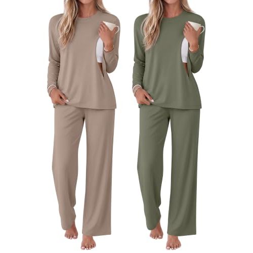 2 Pack Maternity Nursing Pajamas Postpartum Sets | Women's Breastfeeding Lounge Pajamas, Long Sleeve Sleepwear, Pregnancy Clothes, Adjustable High-Waist Pants, 2 Top 2 Pant