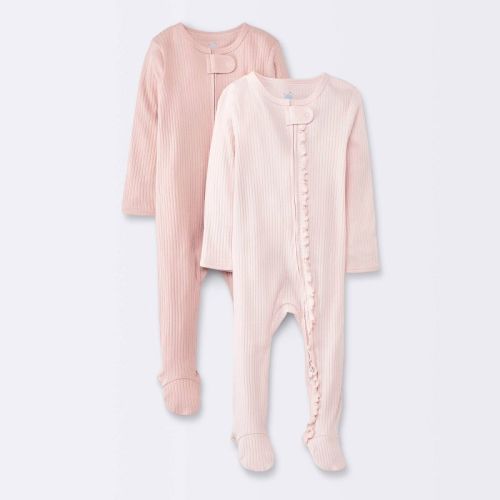 Baby Girls' 2pk Solid Wide Ribbed Sleep N' Play - Cloud Island™ Pink 6-9M: Footed Pajamas, Two-Way Zipper