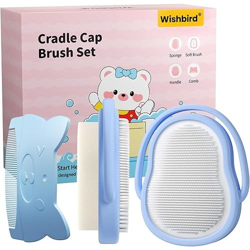 3-in-1 Baby Cradle Cap Brush Kit, Soft Brush, Curved Comb & Bath Sponge | BPA-Free Cradle Cap Treatment Set for Newborns & Infants Scalp Massage Dry Skin Flakes Removal, Light Blue