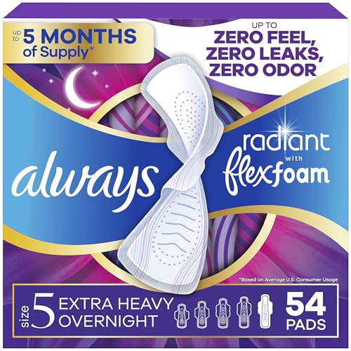 Always Radiant Feminine Pads for Women, Flexfoam Pads with Wings, Size 5, Extra Heavy Overnight Absorbency, Lightly Scented, 54 Count (3 Packs of 18)
