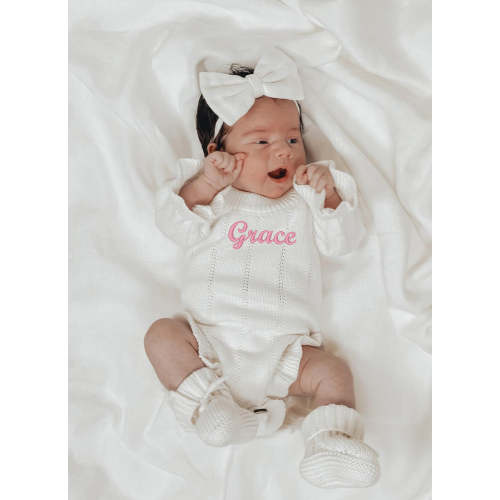 Asteria Ruffle Personalized Romper in Warm White – Sweet June