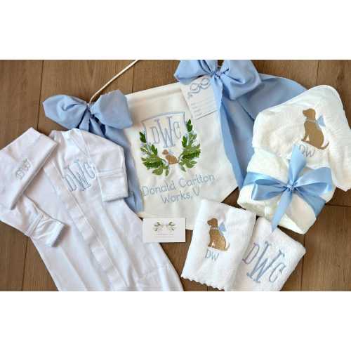 Custom Monogrammed Ultimate Baby Gift Bundle with Baby Bassinet Banner, Pima Outfit, Burp Cloths and Hooded Towel Baby Shower, Hospital