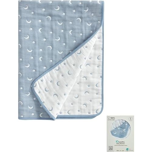 6 Layer 100% Cotton Jacquard Baby Blanket, Soft & Breathable Nursery Bed Blanket, 39 x 27 Inches, Lightweight All-Season Crib & Stroller Blanket for Boys & Girls (Blue Crescent Moon)