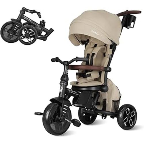QPlay Toddler Bike Stroller for Baby 10 Months to 6 Years Old, 8-in-1 Foldable Stroller Bike for Toddlers 3-5 Boys & Girls Gifts Trike — Adjustable Handle, Triple Footrest, Canopy & Storage Bag