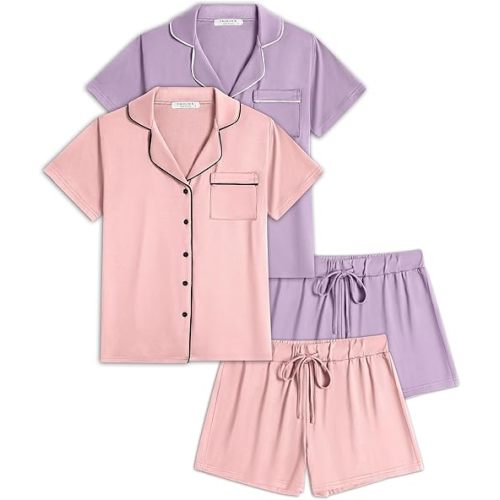 Ekouaer 2 Pack Womens Pajamas Set Button Down Summer Sleepwear Short Sleeve Comfy Pjs Loungewear Set