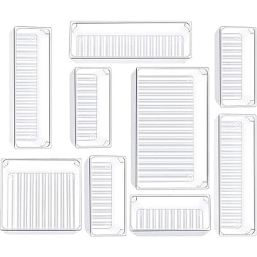 Kootek 9 Pcs Drawer Organizer Set, 4-Size Bathroom Vanity Trays Makeup Desk Dividers Versatile Storage Bins Clear Plastic Container for Dresser, Bedroom, Kitchen, Office