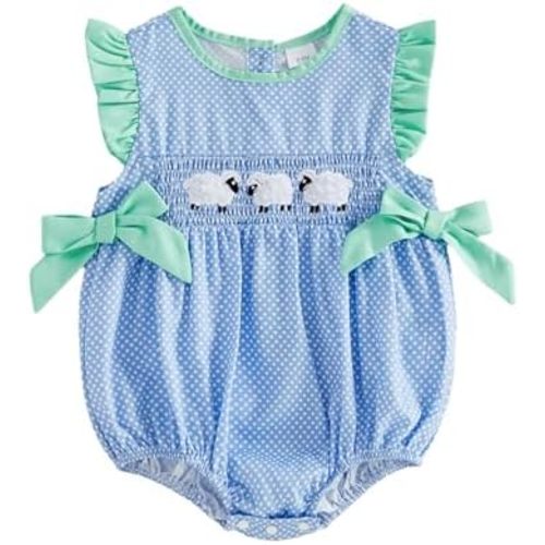 Baby Girl Summer Outfit Sheep Embroidery Flying Sleeve Smocked Bubble Romper Dot Print Bodysuit Infant Farm Clothes