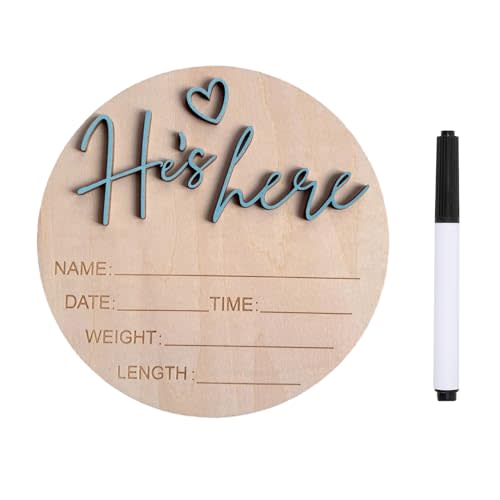 Baby Announcement Sign, ​5.9 Inch Wooden Hello World Newborn Signs, Birth Announcement Sign, Gender Reveal Signs, He's here Decoration, Welcome Newborn Arrival To World (He's,Blue-B)