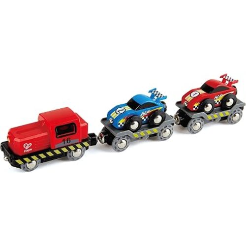 Hape Race Car Transporter | Six-Piece Wooden Toy Train Car Transport Set for Kids