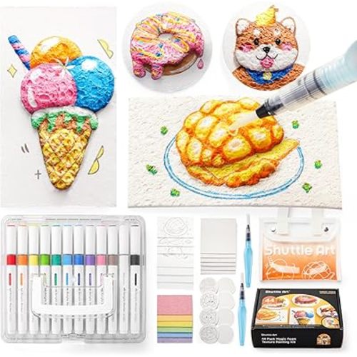 Shuttle Art 44 Pcs Magic Foam Texture Painting Kit, Including 28 Pcs Foam Texture Paper, 12 Colors Brush Tip Acrylic Paint Markers, Magical 3D Effect Painting Kit