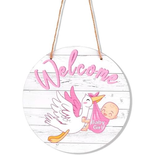 Baby Welcome Sign, Gender Reveal Wooden Hanging Hello World Wreath Newborn Name Birth Announcement Board Nursery Decor for Hospital Baby Shower Porch Party Front Door Decoration (Girl, Pink)