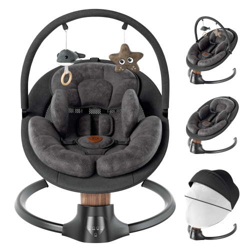 Babyomi portable baby swings for infants to toddler, Electric Swing with Music Speaker, 3 Seat Positions , 5 Speeds, and Remote Control - Infant Swing for Indoor and Outdoor, Black