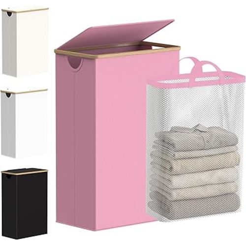 efluky Slim Laundry Basket with Lid, Narrow Laundry Hamper with Removable Bag, Skinny Dirty Clothes Basket with Bamboo Handles for Bathroom, Bedroom & Laundry Room, 75L Pink