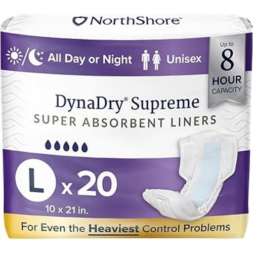 NorthShore DynaDry Supreme Liners Incontinence for Women and Men, Large, Pack/20