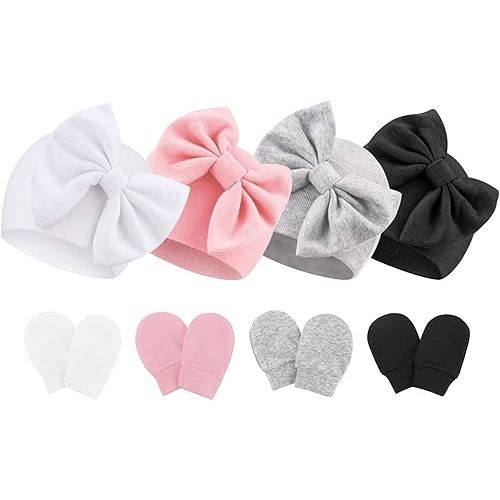 BQUBO Newborn Baby Hats Mittens Set Hospital Hat Beanie Infant Bow Hats Baby Gloves No Scratch Mittens for 0-6 Months