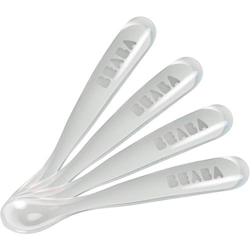 BEABA Baby's First Foods Spoon Set, Original Silicone Baby Spoons, 4 Pack, BPA Lead & Phthalate Free, Gray