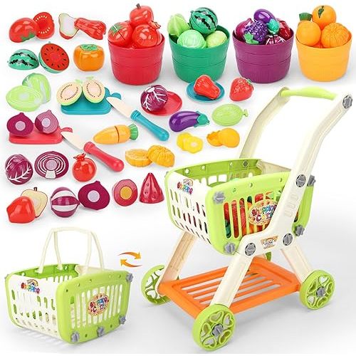 Kids Shopping Cart with Cutting Play Food Set for Kid Kitchen, 2 in 1 Shopping Cart for Kids Grocery Store Pretend Play Kitchen Accessories Sorting Food Bucket Learning Toys Gift for Toddler 3-5
