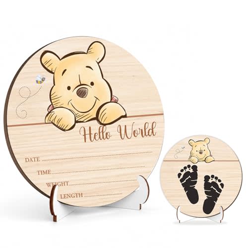 Winnie Baby Wooden Newborn Birth Sign, Winnie Hello World Newborn Signs, The Pooh Baby Announcement Sign, Double Sided Babies Name Plaques Photography Prop, Hello World for New Mom Babies