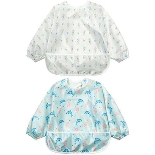 Little Dimsum Baby Bib with Pocket Waterproof Toddler Bibs Infant Feeding Bibs for Boys and Girls, Pack of 2 Colors