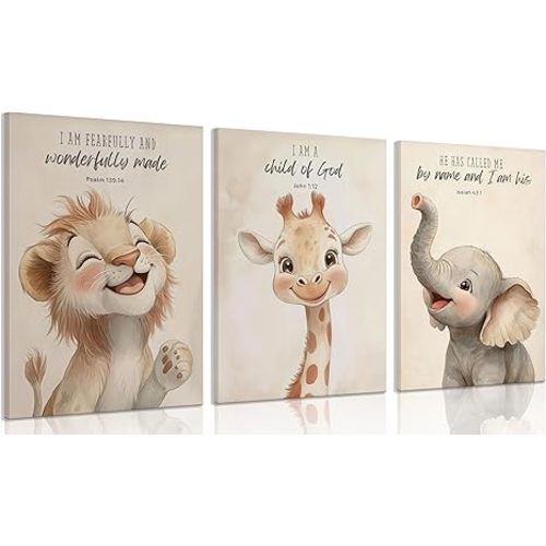 3Pcs Bible Verses Christian Nursery Safari Animals Canvas